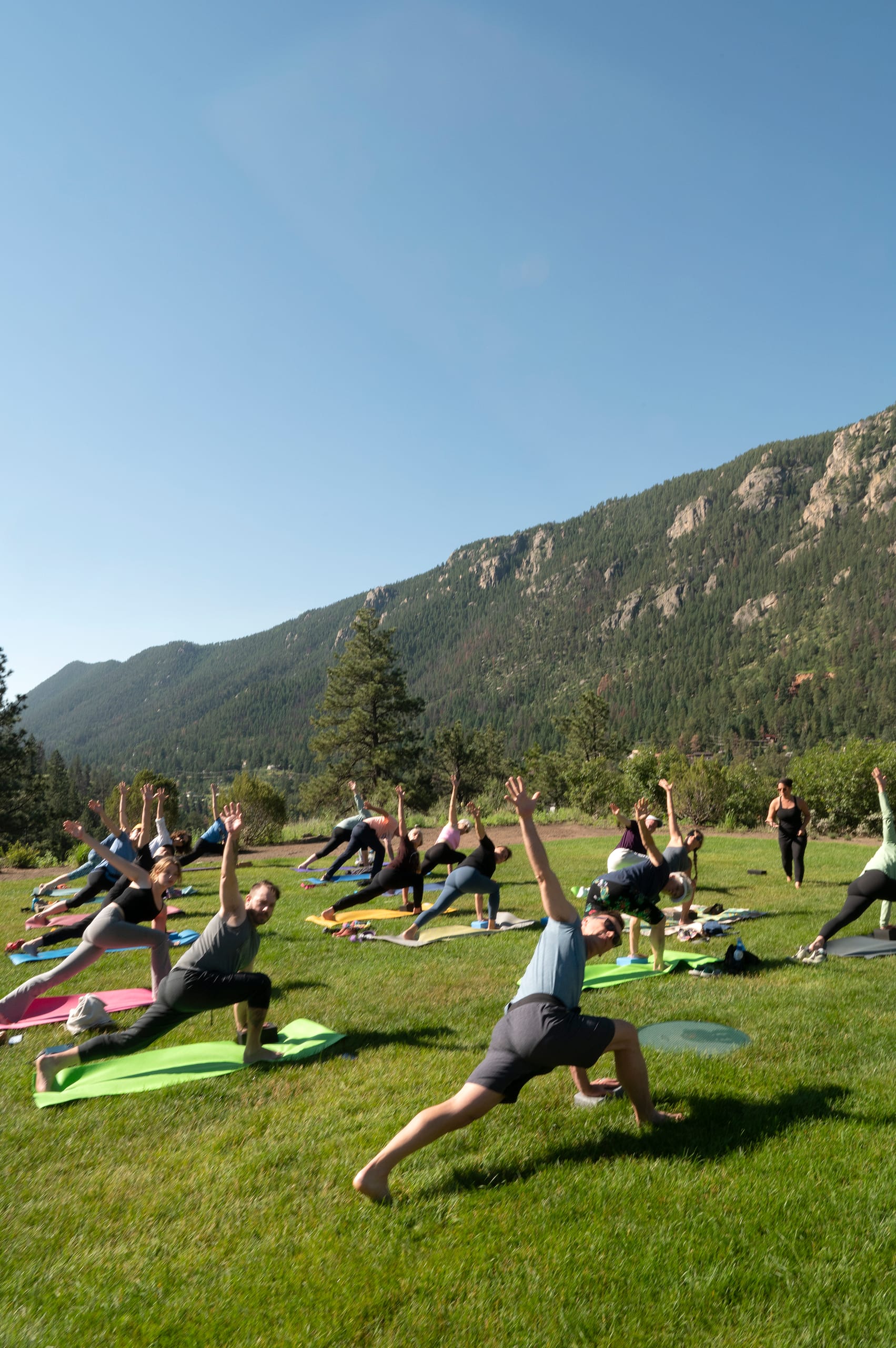 A group of people engaged in a yoga class outdoors on a sunny day.